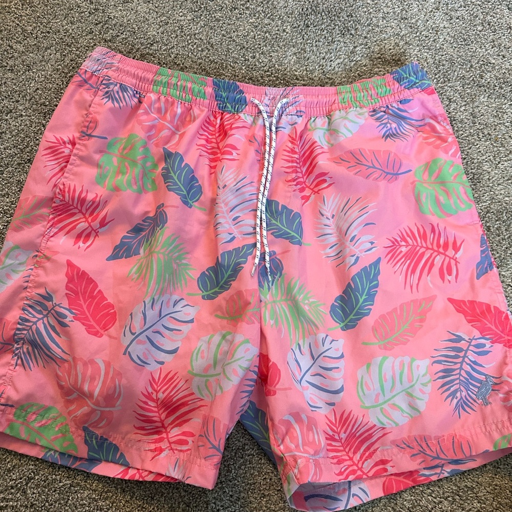 The Beaufort Bonnet Company Pink Leaf Swim Trunks
